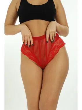 Lily Bianca Kırmızı Külot Çizgili Dantel Detaylı Yüksek Bel Transparan