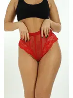Kırmızı Külot Çizgili Dantel Detaylı Yüksek Bel Transparan Kırmızı