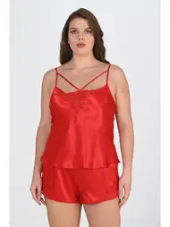 Ahu Lingerie Kırmızı Saten Büyük Beden Şort Takımı Ahu Primoda 1076