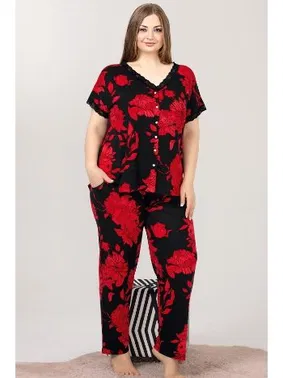 Lady Kırmızı Siyah Çiçek Desenli Dantel Yaka Düğmeli Viskon Büyük Beden Pijama Lady 10976