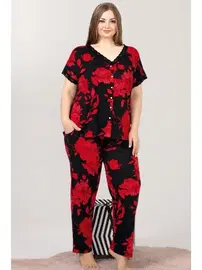 Lady Kırmızı Siyah Çiçek Desenli Dantel Yaka Düğmeli Viskon Büyük Beden Pijama Lady 10976