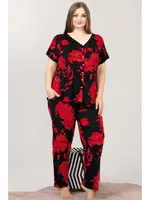 Kırmızı Siyah Çiçek Desenli Dantel Yaka Düğmeli Viskon Büyük Beden Pijama Lady 10976 Kırmızı