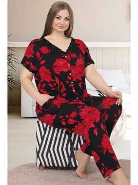Lady Kırmızı Siyah Çiçek Desenli Dantel Yaka Düğmeli Viskon Büyük Beden Pijama Lady 10976 - Alternatif Görünüm
