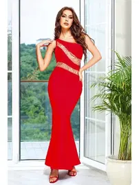 Pink Night Kırmızı Transparan Detaylı Uzun Seksi Saten Elbise Pink Night 5520