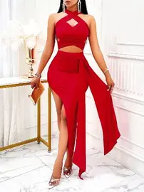 Pink Night Kırmızı Yırtmaçlı Seksi Uzun Elbise Pink Night 5525