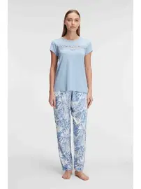 Anıl Bisiklet Yaka Kısa Kollu Viskon Çiçek Desenli Yazlık Dantelli Pijama Takımı Anıl 9885