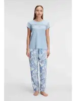 Bisiklet Yaka Kısa Kollu Viskon Çiçek Desenli Yazlık Dantelli Pijama Takımı Anıl 9885 Mavi