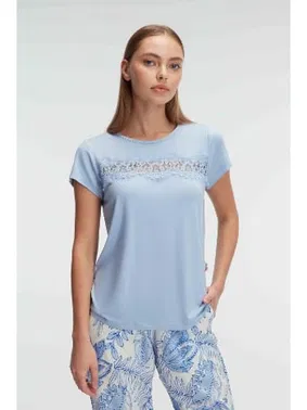 Anıl Bisiklet Yaka Kısa Kollu Viskon Çiçek Desenli Yazlık Dantelli Pijama Takımı Anıl 9885 - Alternatif Görünüm