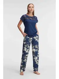 Anıl Cepli Çiçek Desenli Dantel Detaylı Kadın Pijama Takımı Anıl 9910