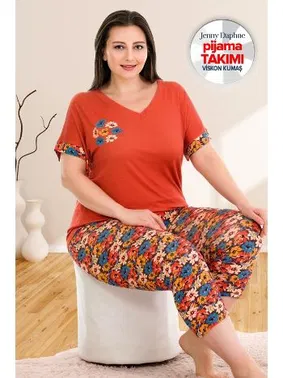 Lady Kısa Kol Büyük Beden Kapri Pijama Takımı Kırmızı Lady 10680 - Alternatif Görünüm