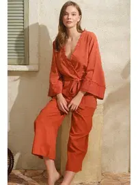 Anıl V Yaka Cotton Düz Yazlık Kapri Bağlamalı Pijama Takımı Anıl 9821
