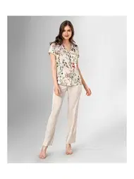 Ahu Lingerie Kısa Kollu Çiçekli Ekru Pijama Takımı Ahu Loriva 1819