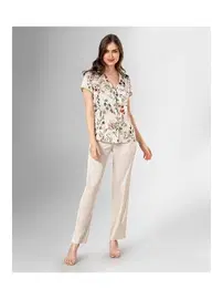 Ahu Lingerie Kısa Kollu Çiçekli Ekru Pijama Takımı Ahu Loriva 1819