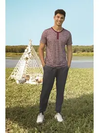 Doreanse Kısa Kollu Desenli Modal Düğmeli Bisiklet Yaka T-Shirt Pijama Takımı Doreanse 4743