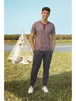 Kısa Kollu Desenli Modal Düğmeli Bisiklet Yaka T-Shirt Pijama Takımı Doreanse 4743 Bordo