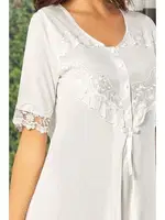 Kısa Kollu Yakası Fırfırlı Düğmeli Hamile Lohusa Gecelik XSES 2555 Ekru detay görünüm