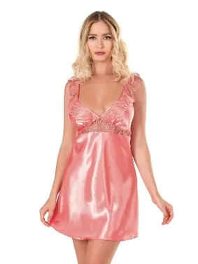 Ahu Lingerie Kısa Saten Gecelik Mercan Ahu Primoda 8108