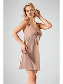 Ahu Lingerie Kısa Saten Gecelik Vizon Ahu 7718