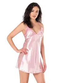 Ahu Lingerie Kısa Saten Pembe Gecelik Ahu Primoda 8105