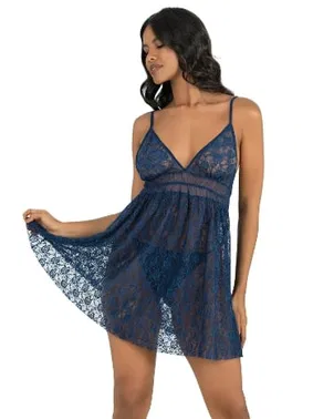 Ahu Lingerie Kısa Tül Gecelik Lacivert Ahu Primoda 4203