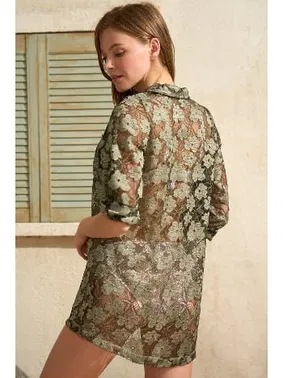 Anıl Yarım Kol V Yaka Çiçek Desenli Transparan Bluz Anıl 5765 - Alternatif Görünüm