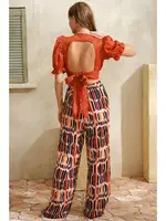 Kısa Yarım Kol V Yaka Geometrik Yazlık Kurdela Şerit Detaylı Pijama Takımı Anıl 9813 Kiremit