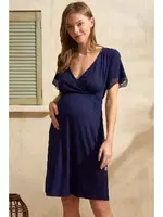 Kısa Yarım Kol V Yaka Viskon Düz Yazlık Uzun Dantel Detaylı Hamile Gecelik Anıl 5770 Lacivert