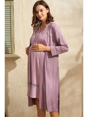 Anıl Yarım Kol V Yaka Viskon Düz Yazlık Uzun Dantel Detaylı Hamile Gecelik Sabahlık Anıl 5776