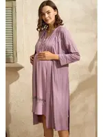 Yarım Kol V Yaka Viskon Düz Yazlık Uzun Dantel Detaylı Hamile Gecelik Sabahlık Anıl 5776 Koyu Lila