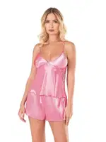 Koyu Pembe Saten Babydoll Şort Takımı Ahu Primoda 9108 Pembe