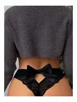 Kurdelalı Siyah Külot Yüksek Bel Dantelli Şeritli Siyah