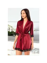 XSES Kuşaklı Bordo Dantelli Saten Kısa Sabahlık XSES 2118