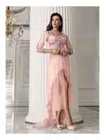 Kuyruklu Dantelli Saten Kaplı Gecelik Takımı İmaj 3206 Pudra