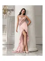 Kuyruklu Dantelli Saten Kaplı Gecelik Takımı İmaj 3206 Pudra detay görünüm