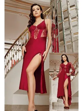 İmaj Kuyruklu Sırtı Transparan Bordo Sabahlıklı Gecelik İkili Çeyizlik Saten Set İmaj 4206