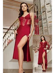 İmaj Kuyruklu Sırtı Transparan Bordo Sabahlıklı Gecelik İkili Çeyizlik Saten Set İmaj 4206