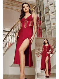 İmaj Kuyruklu Sırtı Transparan Bordo Sabahlıklı Gecelik İkili Çeyizlik Saten Set İmaj 4206