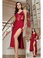 Kuyruklu Sırtı Transparan Bordo Sabahlıklı Gecelik İkili Çeyizlik Saten Set İmaj 4206 Bordo