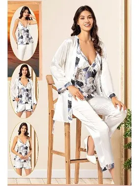 XSES Lacivert 4Lü Empirme Saten Çiçek Desenli Sabahlık Pijama Çeyiz Seti XSES 2155