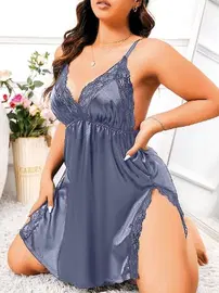 Pink Night Lacivert Dantelli Askılı Saten Büyük Beden Fantezi Gecelik Pink Night 6687