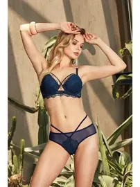 Nurteks Lacivert Dantelli Desteksiz Kadın İpli Sütyen Takımı Nurteks 4343