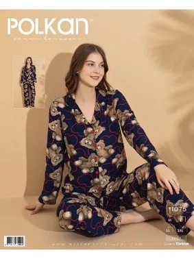 Polkan Lacivert Desenli Önden Düğmeli Uzun Kollu Süet Pijama Takım Polkan 11075