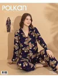 Polkan Lacivert Desenli Önden Düğmeli Uzun Kollu Süet Pijama Takım Polkan 11075