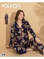 Lacivert Desenli Önden Düğmeli Uzun Kollu Süet Pijama Takım Polkan 11075 Lacivert