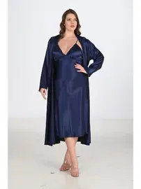 Ahu Lingerie Lacivert Gecelik Sabahlık 2li Takımı Bigsize Ahu 6225