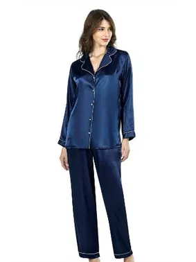 Ahu Lingerie Lacivert İkili Saten Gecelik Pijama Takımı Ahu 7647