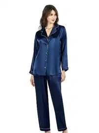 Ahu Lingerie Lacivert İkili Saten Gecelik Pijama Takımı Ahu 7647