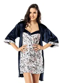 Ahu Lingerie Lacivert Kadife Sabahlık Gecelik Takımı Loriva Ahu 1769