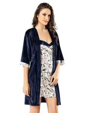 Ahu Lingerie Lacivert Kadife Sabahlık Gecelik Takımı Loriva Ahu 1769 - Alternatif Görünüm