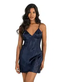 Ahu Lingerie Lacivert Kısa Saten Gecelik Ahu Primoda 8234